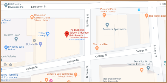 Map showing The Buckhorn Museum location at 318 E. Houston Street, San Antonio TX